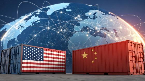 USA and China Trade Containers with Global Network Background