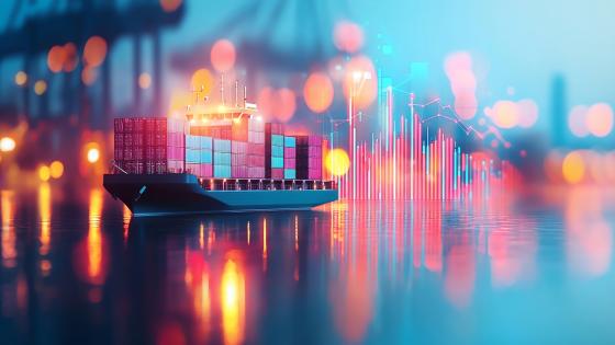 Cargo ship and financial charts