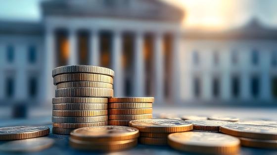 Coins stacked in front of bank building 