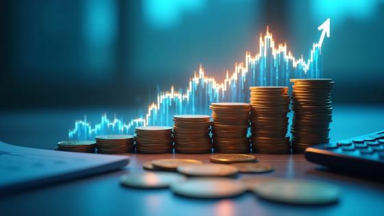 Piles of coins, chart and calculator