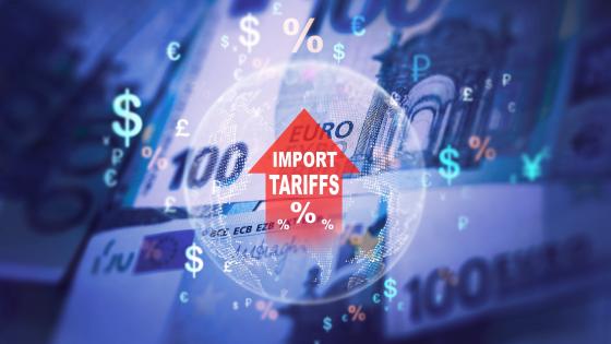 Rising tariffs arrow against background of euro notes