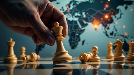 Game of chess in front of world map