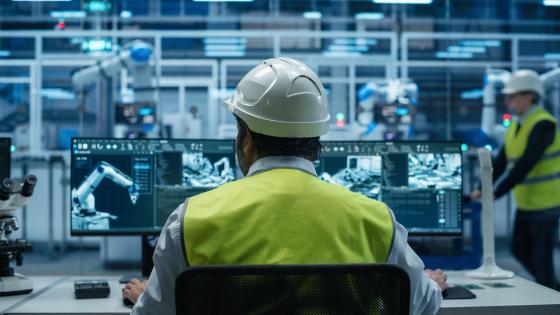 Engineer Using Industrial Computer Software on Dual Screens