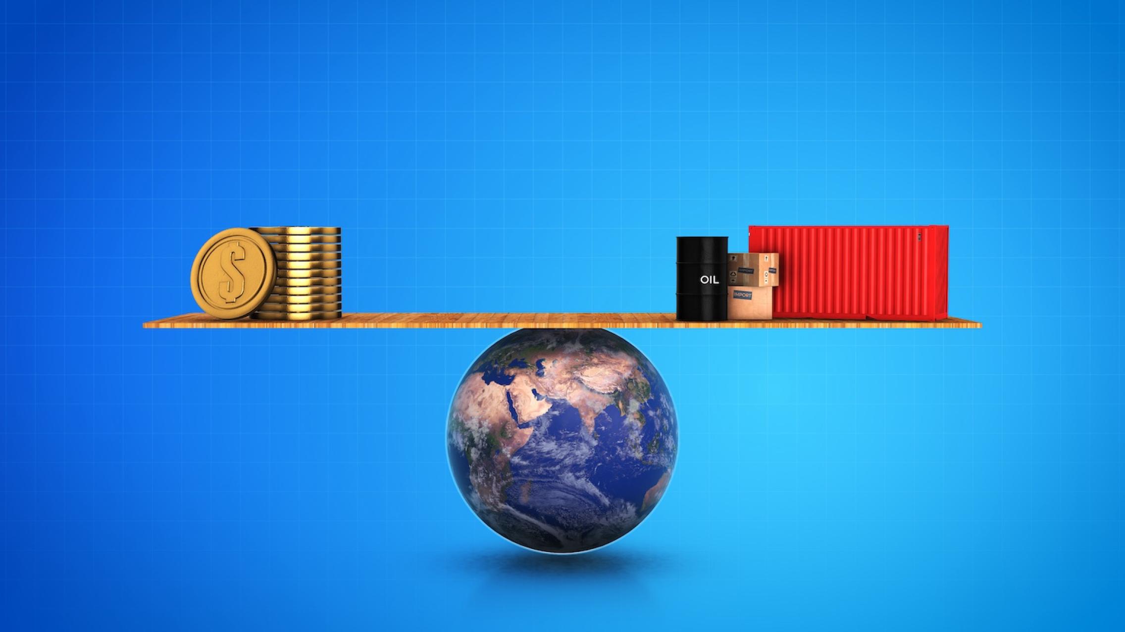 Oil Barrel, Coins, and Shipping Container on Scale