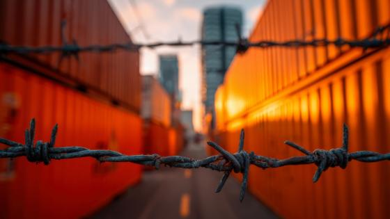 Shipping containers behind barbed wire