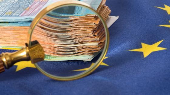 Euro banknotes, EU flag and magnifying glass