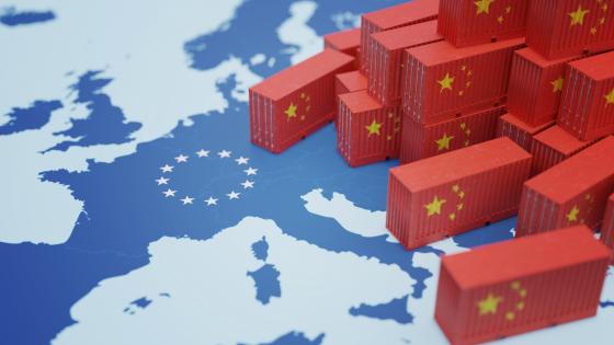 Chinese shipping containers on map of Europe