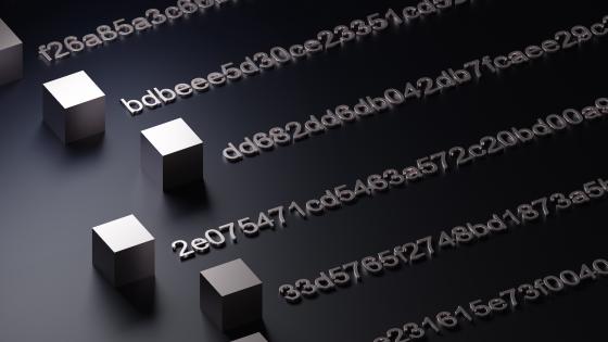 3D vizualization  of Blockchain blocks and their hexadecimal hash values