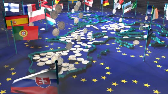 European Union map, flags and coins