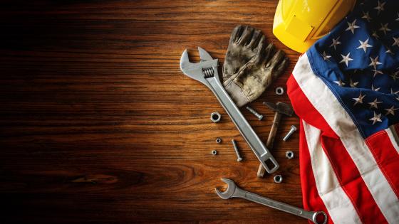 Tools, hard hat and American flag