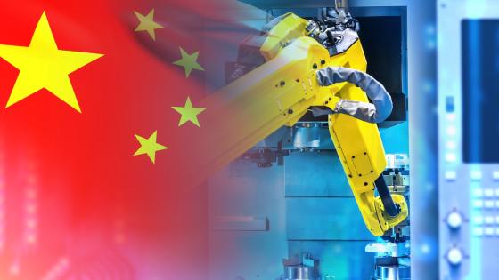 Robot arm in factory with Chinese flag