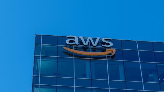 Amazon Web Services logo sign on their office building in Houston, Texas