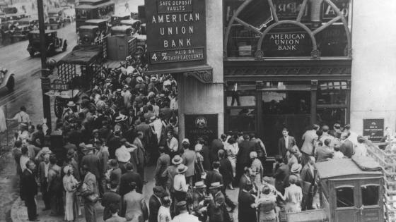 Depositors in front of the closed American Union Bank, New York City. April 26, 1932