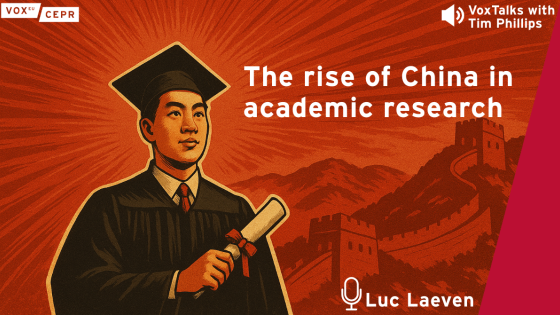Podcast cover for “The rise of China in academic research” showing a stylized illustration of a graduate holding a diploma with the Great Wall of China in the background, featuring Luc Laeven.