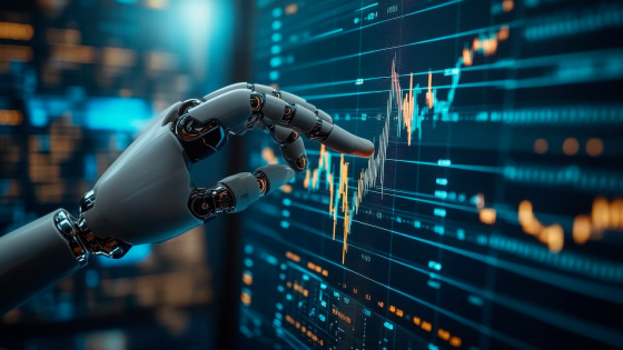 Robot hand touching financial chart on monitor
