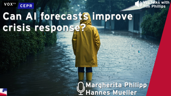 A person in a yellow raincoat standing in a flooded area, illustrating a VoxTalks discussion on using AI forecasts to improve crisis response with Margherita Philipp and Hannes Mueller.