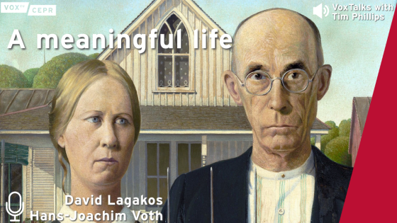Podcast cover for "A meaningful life," featuring Grant Wood's iconic painting American Gothic alongside the names David Lagakos and Hans-Joachim Voth.