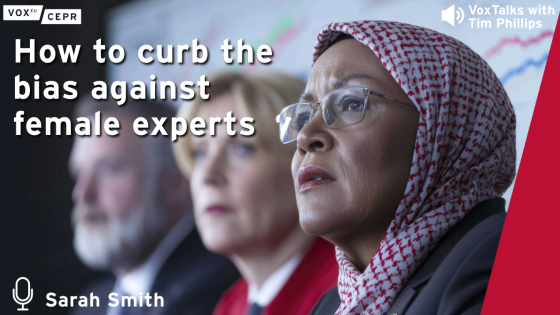 Podcast cover for “How to curb the bias against female experts,” showing a serious-looking woman in a red-patterned headscarf and glasses, seated beside two blurred colleagues.
