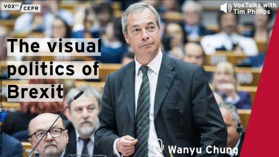 Graphic promoting a VoxTalks interview with Wanyu Chung titled “The visual politics of Brexit”, featuring Nigel Farage speaking in a parliamentary setting.