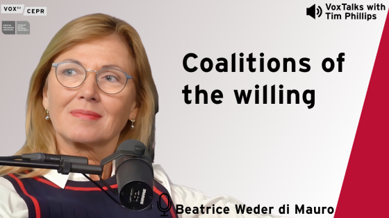 Graphic promoting a VoxTalks interview with Beatrice Weder di Mauro titled “Coalitions of the willing”, showing her speaking into a microphone on a light background.