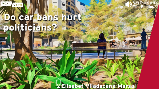 Podcast cover for “Do car bans hurt politicians?” featuring a digitally illustrated city park scene with greenery, benches, and people relaxing in an urban, pedestrian-friendly environment.