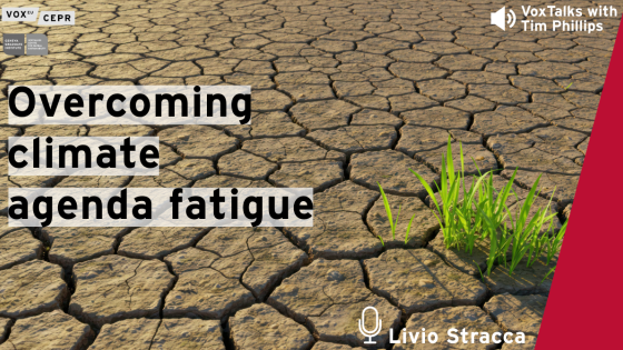 Graphic promoting a VoxTalks interview with Livio Stracca titled “Overcoming climate agenda fatigue”, featuring a cracked, dry earth landscape with a small patch of green grass emerging in the foreground.