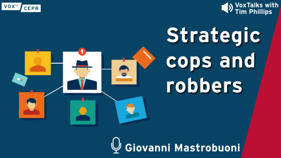 Illustration for a VoxEU-CEPR podcast titled “Strategic cops and robbers” featuring Giovanni Mastrobuoni. The image shows a network of mugshot-style character icons connected by white lines, symbolizing suspects or persons of interest, with a central figure wearing a fedora and suit marked with a red alert icon. The background is dark blue with CEPR and VoxEU logos in the top left, and the VoxTalks with Tim Phillips logo in the top right.