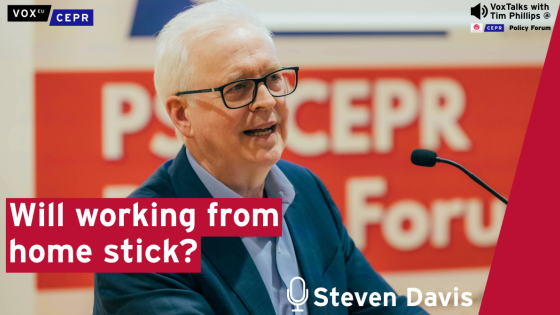 Steven Davis speaking at a podium with a microphone during the PSE-CEPR Policy Forum 2025. The text overlay reads “Will working from home stick?” as part of a VoxTalks with Tim Phillips podcast series.