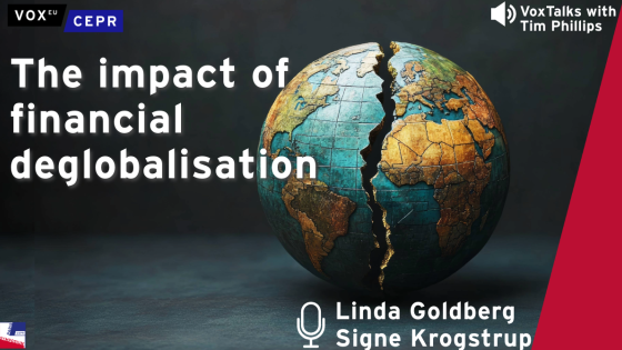 A cracked globe symbolizes financial deglobalization, accompanied by the text "The impact of financial deglobalisation" and the names Linda Goldberg and Signe Krogstrup.