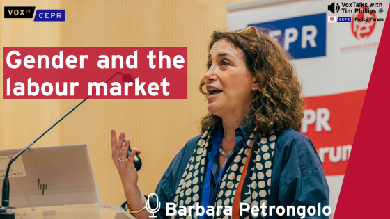 Barbara Petrongolo speaking at a podium during the PSE-CEPR Policy Forum event. The promotional banner reads “Gender and the labour market,” and the image features VoxEU and VoxTalks with Tim Phillips branding.