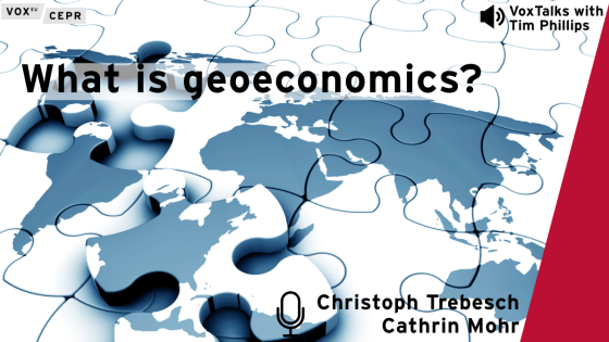 Podcast cover for “What is geoeconomics?” showing a jigsaw puzzle of a world map with missing and assembled pieces, featuring Christoph Trebesch and Cathrin Mohr.