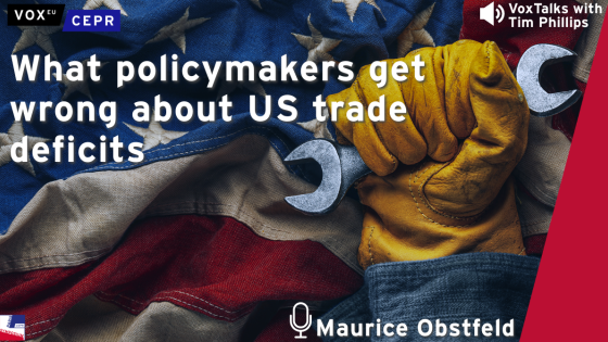 A gloved hand holding a wrench against a backdrop of the American flag, accompanying a VoxTalks discussion with Maurice Obstfeld on misconceptions about US trade deficits.