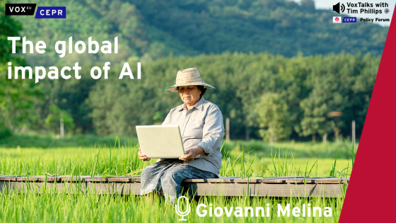 A person in a wide-brimmed hat sits in a green rice field using a laptop, symbolizing the intersection of technology and rural life. Overlay text reads "The global impact of AI" and "Giovanni Melina." The image is branded with VoxEU, CEPR, and VoxTalks with Tim Phillips.