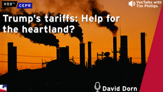 Silhouettes of industrial smokestacks emitting smoke at sunset, with the text "Trump’s tariffs: Help for the heartland?" and "David Dorn" featured prominently.