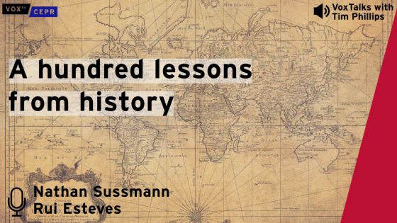 Vintage world map background with the title “A hundred lessons from history” and names Nathan Sussmann and Rui Esteves featured in a VoxTalks podcast with Tim Phillips.