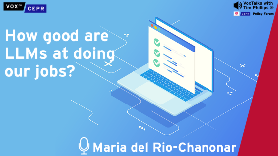 Illustration of a laptop displaying a checklist on its screen, alongside the title “How good are LLMs at doing our jobs?” and speaker name Maria del Rio-Chanonar.