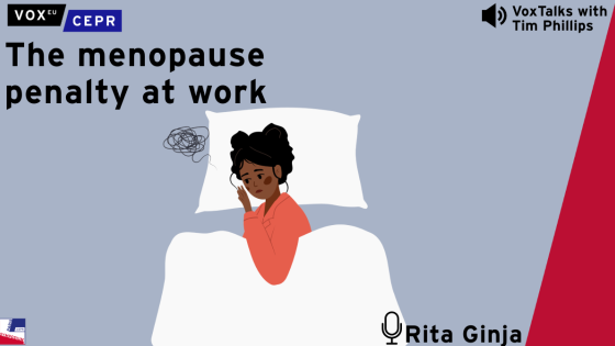 Illustration for a VoxEU CEPR podcast titled "The menopause penalty at work," showing a worried woman lying in bed with a scribble symbolizing stress above her head.