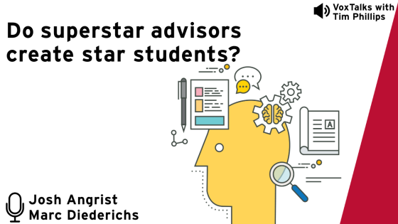 Podcast cover for "Do superstar advisors create star students?" featuring illustrated symbols of learning and research around a yellow head silhouette, with names Josh Angrist and Marc Diederichs.