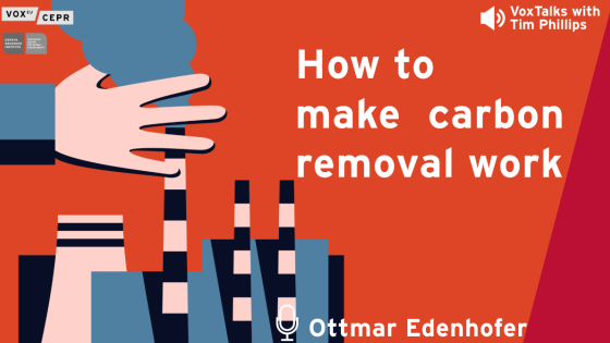 Graphic promoting a VoxTalks interview with Ottmar Edenhofer titled 'How to make carbon removal work', featuring an illustration of a hand capping an industrial smokestack emitting blue smoke on a red background.