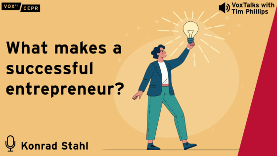 Illustration of a confident person holding a glowing lightbulb above their head, symbolising a bright idea. The background is orange with sparkles, and the text reads: “What makes a successful entrepreneur?” The image promotes a VoxTalks with Tim Phillips episode featuring Konrad Stahl. 