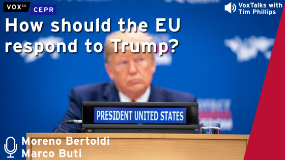A VoxTalks podcast promotional image featuring a blurred figure resembling Donald Trump behind a "President United States" nameplate, with the title "How should the EU respond to Trump?" and speakers Moreno Bertoldi and Marco Buti.