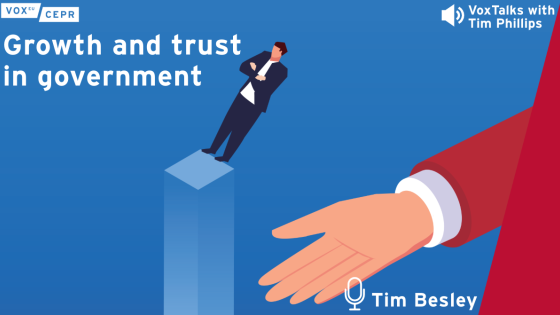 Podcast cover for “Growth and trust in government” featuring an illustration of a man leaning backward off a high platform toward an outstretched hand, with guest Tim Besley.